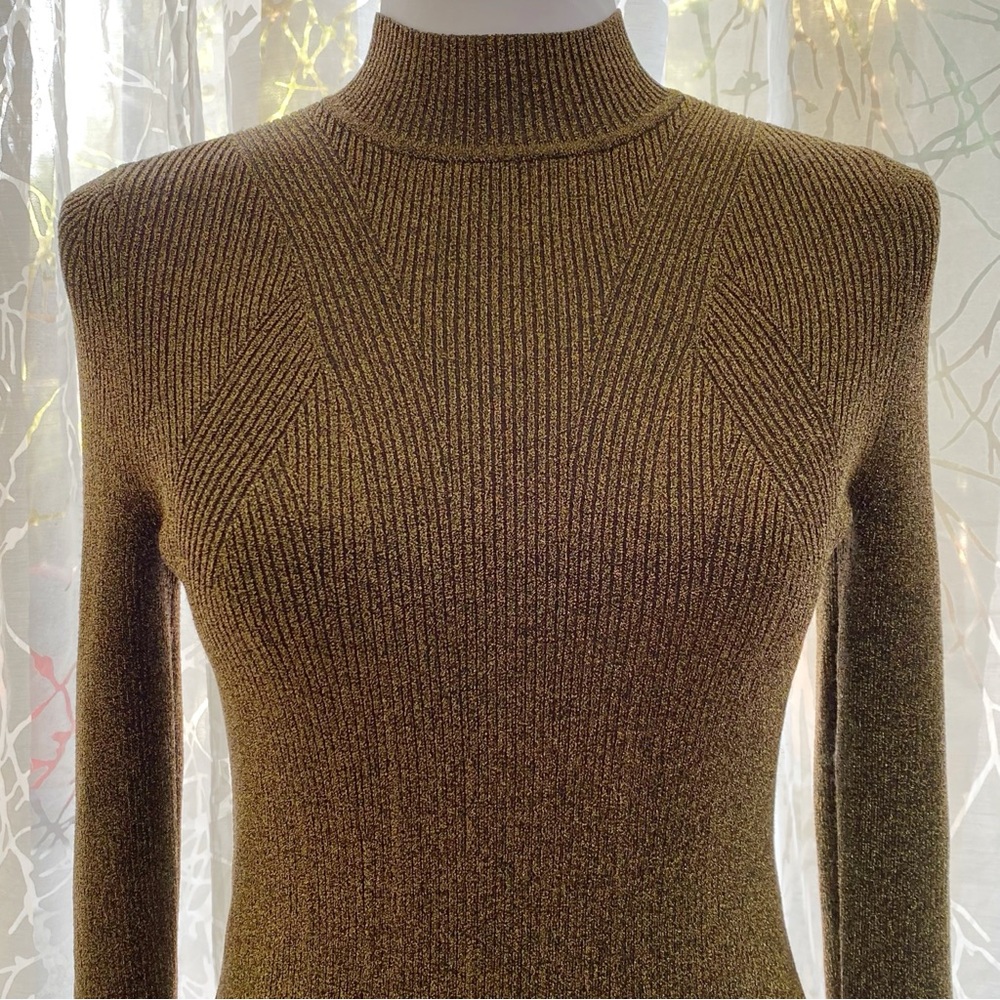 SANDRO gold black ribbed knit lurex high mock neck sweater - Picture 3 of 11